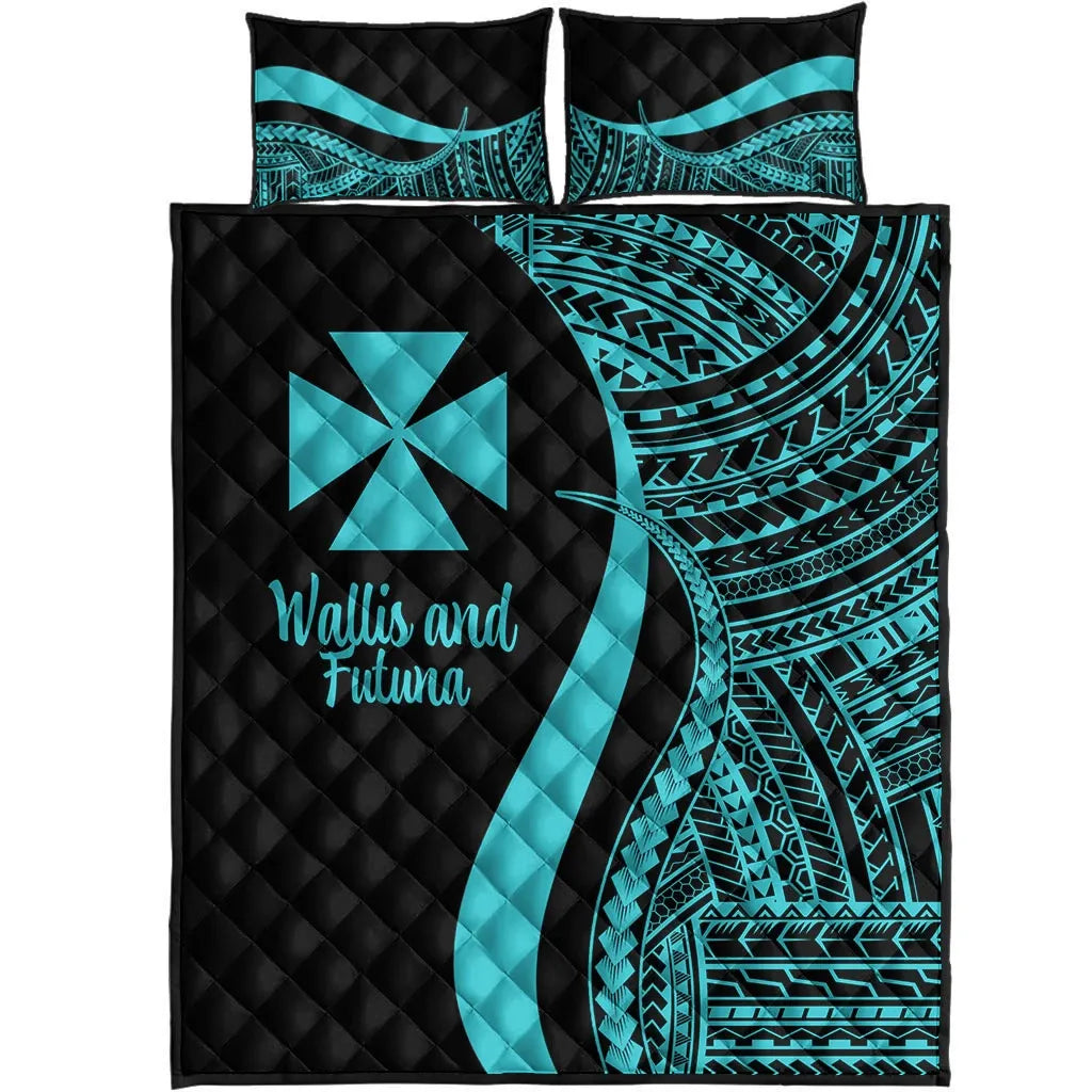 Wallis and Futuna Quilt Bed Set - Turquoise Polynesian Tentacle Tribal Pattern