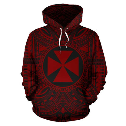 Wallis And Futuna All Over Hoodie - Wallis And Futuna Coat Of rms Polynesian Red Black