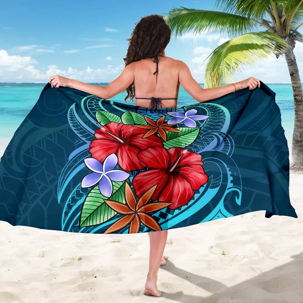 Wallis and Futuna Sarong - Blue Pattern With Tropical Flowers