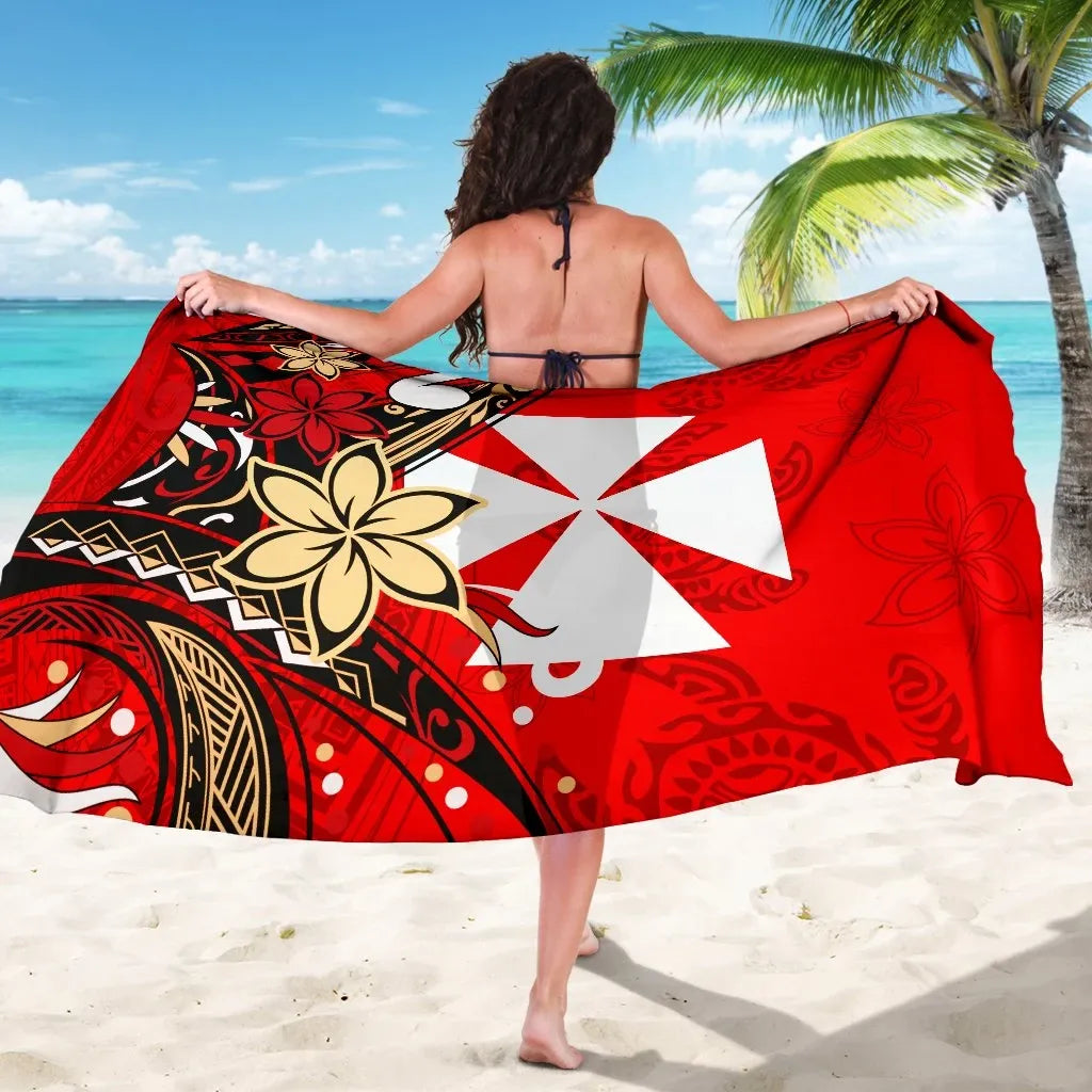 Wallis and Futuna Sarong - Tribal Flower With Special Turtles Red Color