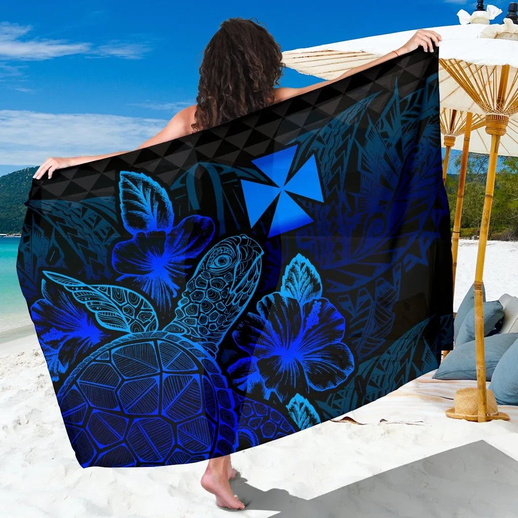 Wallis And Futuna Sarong - Turtle Hibiscus Pattern Blue