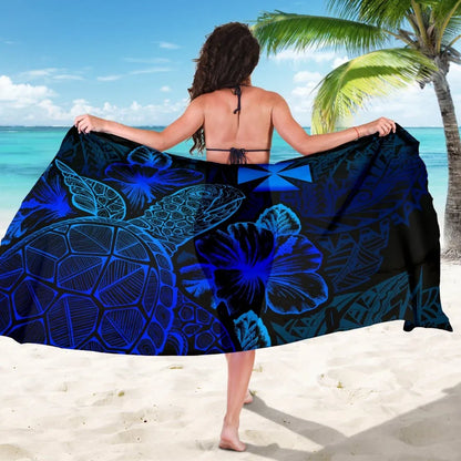 Wallis And Futuna Sarong - Turtle Hibiscus Pattern Blue
