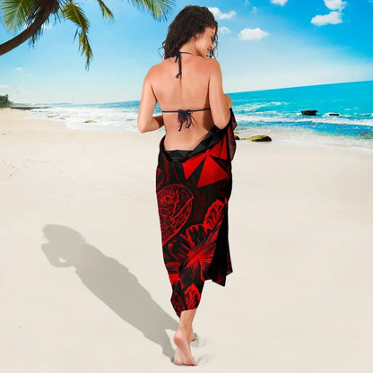 Wallis And Futuna Sarong - Turtle Hibiscus Pattern Red