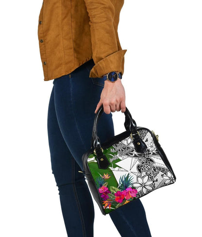 Wallis And Futuna Shoulder Handbag White - Turtle Plumeria Banana Leaf