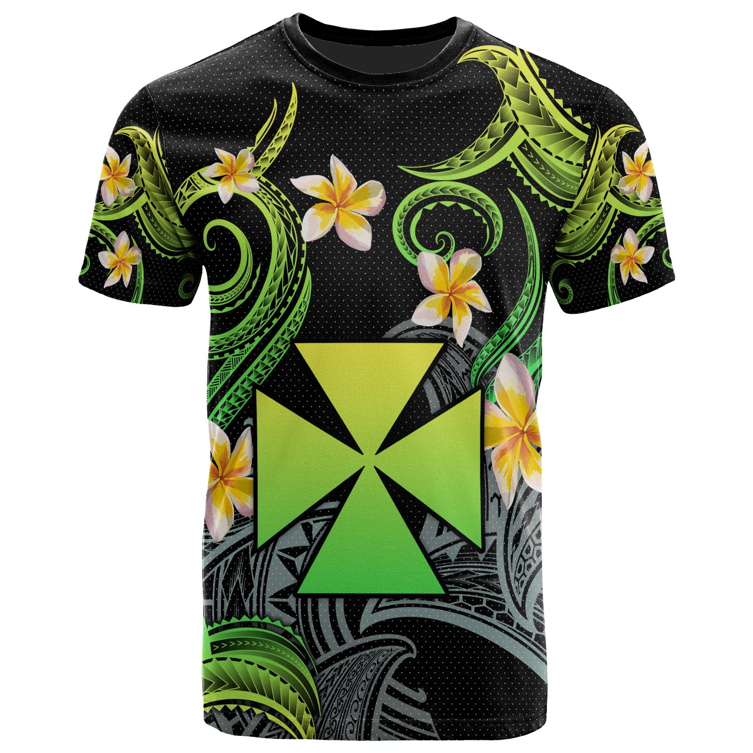 Wallis and Futuna T-shirt - Custom Personalised Polynesian Waves with Plumeria Flowers (Green)