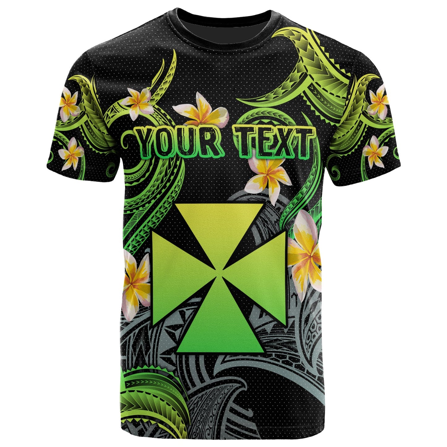 Wallis and Futuna T-shirt - Custom Personalised Polynesian Waves with Plumeria Flowers (Green)