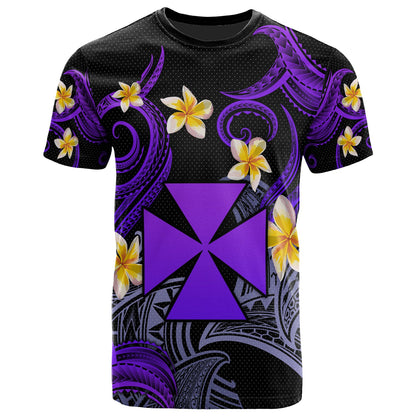 Wallis and Futuna T-shirt - Custom Personalised Polynesian Waves with Plumeria Flowers (Purple)