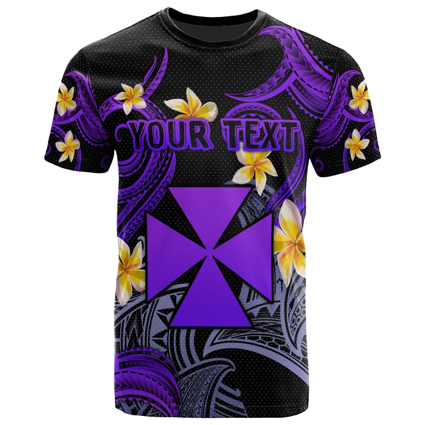 Wallis and Futuna T-shirt - Custom Personalised Polynesian Waves with Plumeria Flowers (Purple)