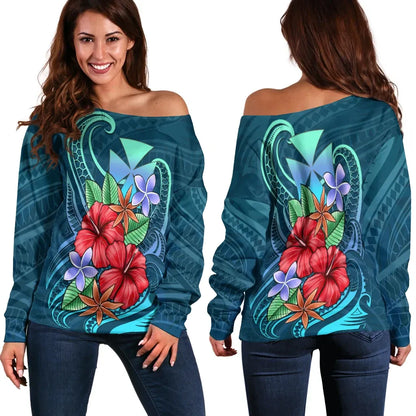 Wallis and Futuna Women Off Shoulder Sweater - Blue Pattern With Tropical Flowers