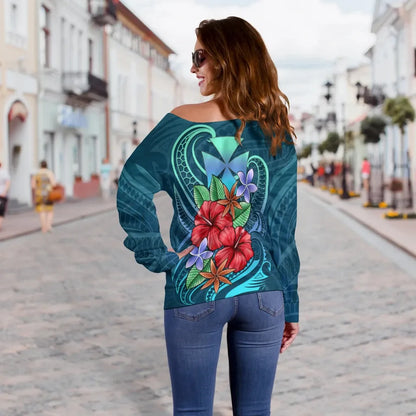 Wallis and Futuna Women Off Shoulder Sweater - Blue Pattern With Tropical Flowers