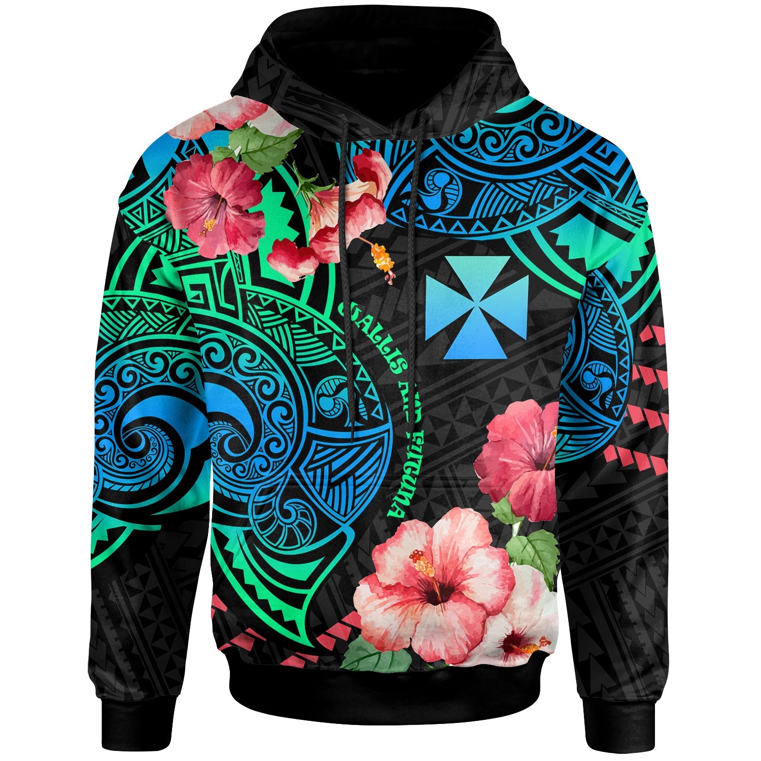 Wallis and Futuna Hoodie Polynesian Pattern with Hibicus Flowers