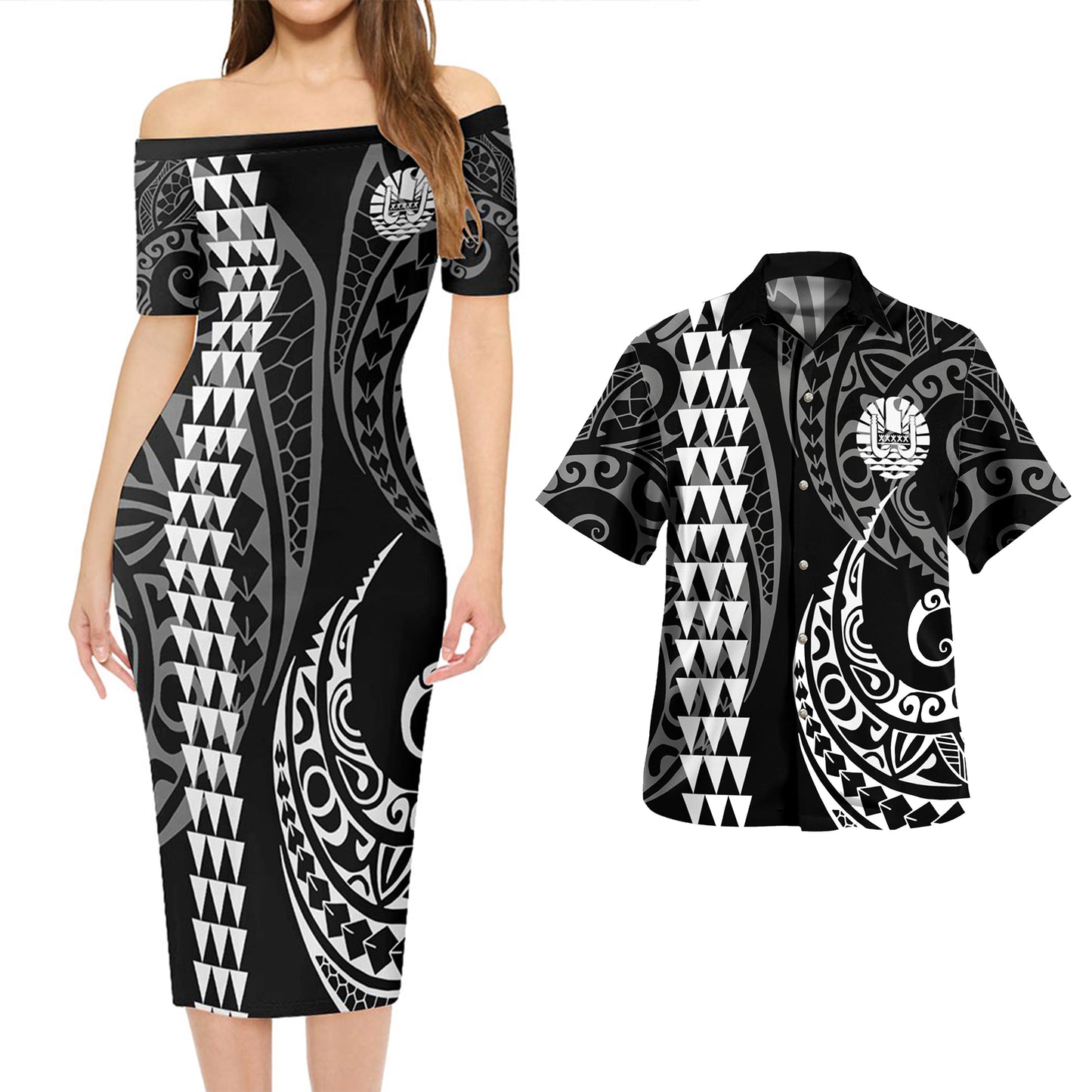 Tahiti Combo Short Sleeve Dress And Shirt Kakau Style White