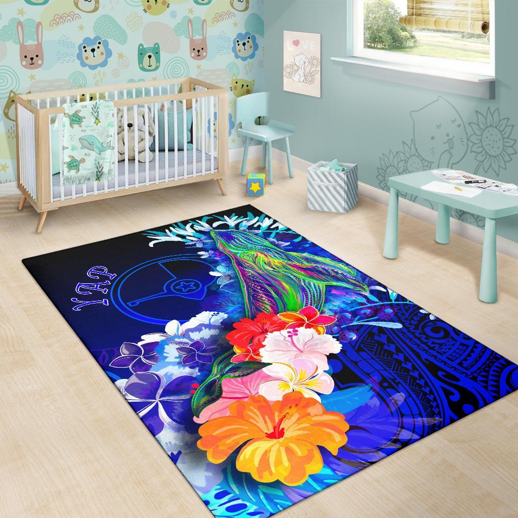 Yap Area Rug - Humpback Whale with Tropical Flowers (Blue)