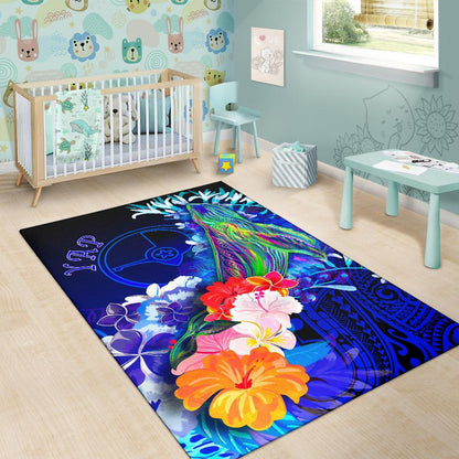 Yap Area Rug - Humpback Whale with Tropical Flowers (Blue)