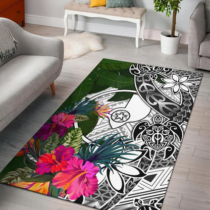 Yap Area Rug White - Turtle Plumeria Banana Leaf