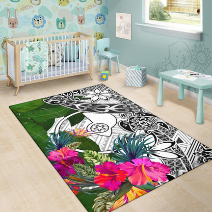 Yap Area Rug White - Turtle Plumeria Banana Leaf