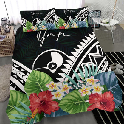 Yap Bedding Set - Yap Coat Of Arms & Polynesian Tropical Flowers White
