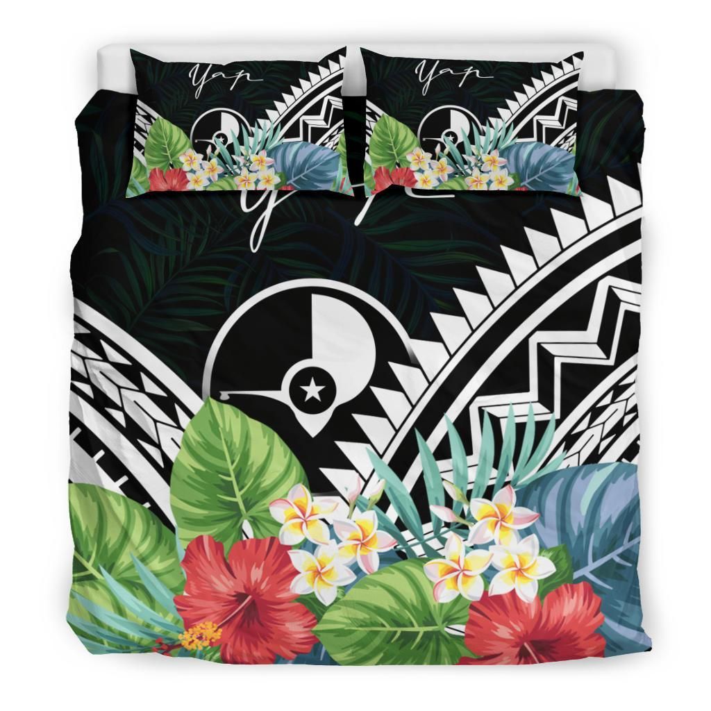 Yap Bedding Set - Yap Coat Of Arms & Polynesian Tropical Flowers White