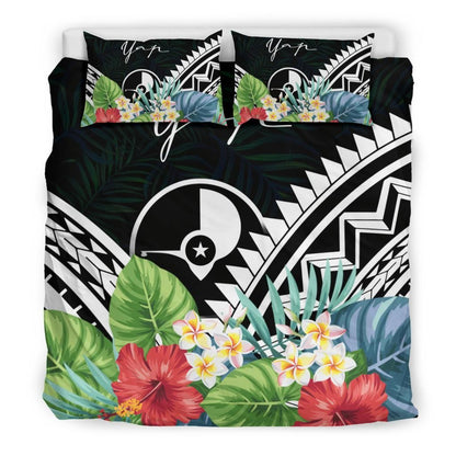 Yap Bedding Set - Yap Coat Of Arms & Polynesian Tropical Flowers White
