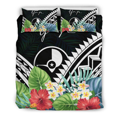 Yap Bedding Set - Yap Coat Of Arms & Polynesian Tropical Flowers White