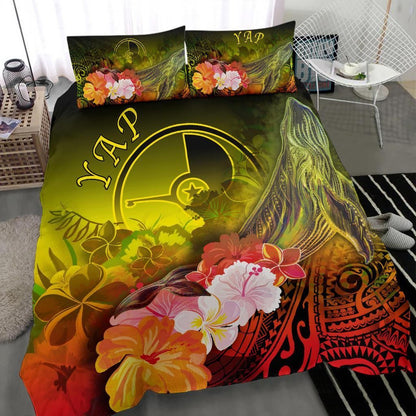 Yap Bedding Set - Humpback Whale With Tropical Flowers (Yellow)