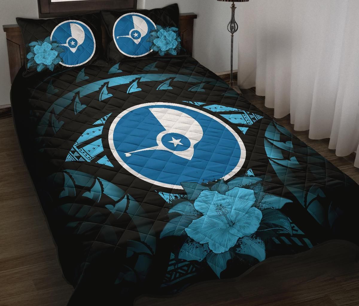 Yap Polynesian Quilt Bed Set Hibiscus Blue