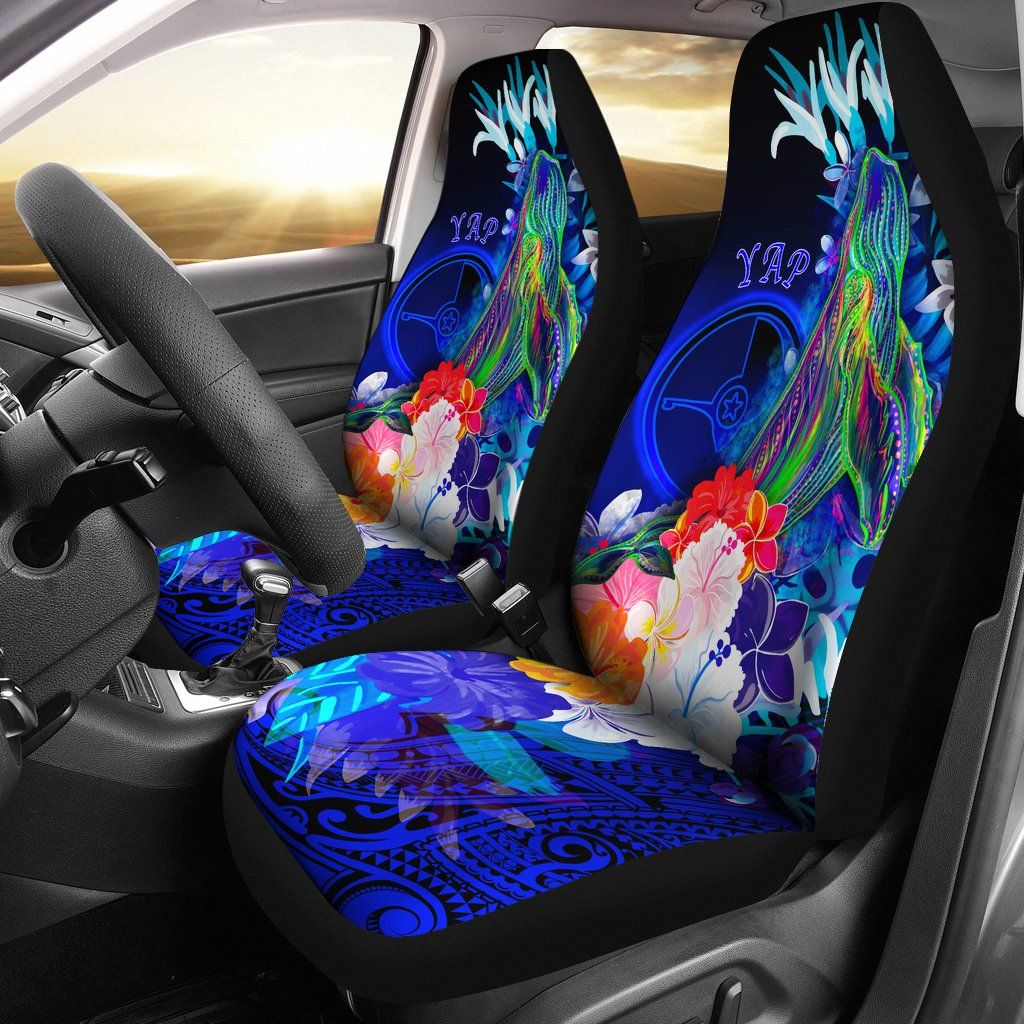 Yap Car Seat Covers - Humpback Whale with Tropical Flowers (Blue)