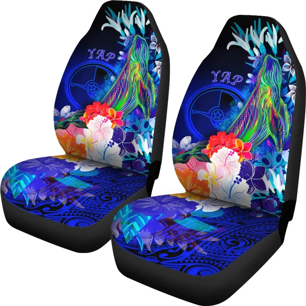 Yap Car Seat Covers - Humpback Whale with Tropical Flowers (Blue)