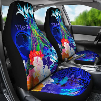 Yap Car Seat Covers - Humpback Whale with Tropical Flowers (Blue)