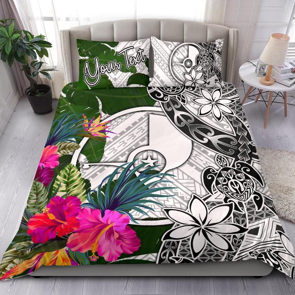 Yap Custom Personalised Bedding Set White - Turle Plumeria Banana Leaf