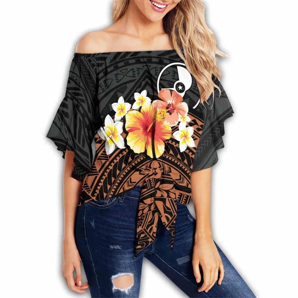 Yap Custom Personalised Off Shoulder Wrap Waist Top - Tribal Pattern Hibiscus