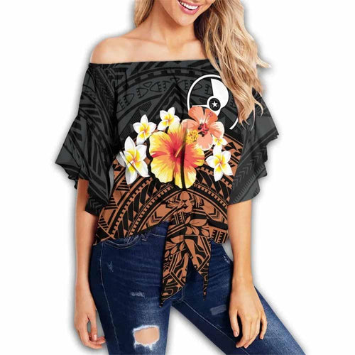 Yap Custom Personalised Off Shoulder Wrap Waist Top - Tribal Pattern Hibiscus