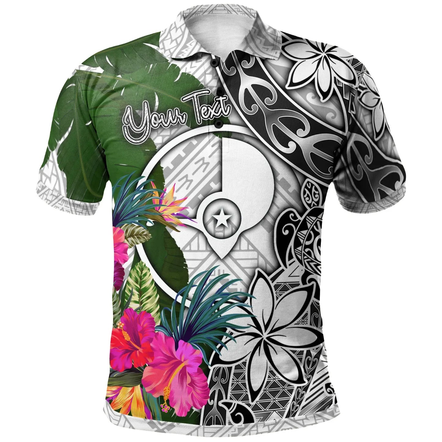 Yap Custom Personalised Polo Shirt White - Turtle Plumeria Banana Leaf