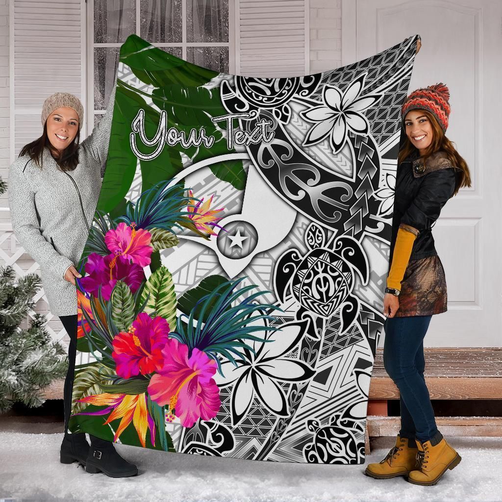 Yap Custom Personalised Premium Blanket White - Turtle Plumeria Banana Leaf