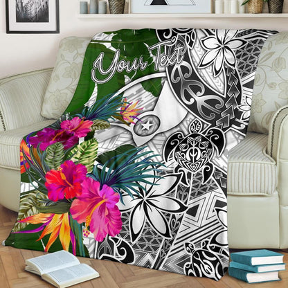 Yap Custom Personalised Premium Blanket White - Turtle Plumeria Banana Leaf