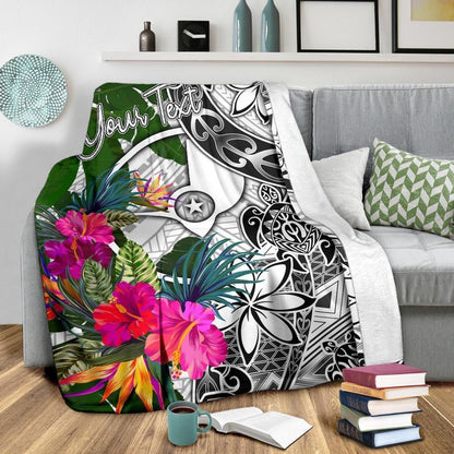 Yap Custom Personalised Premium Blanket White - Turtle Plumeria Banana Leaf