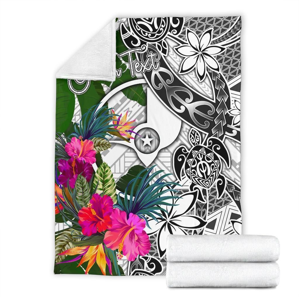 Yap Custom Personalised Premium Blanket White - Turtle Plumeria Banana Leaf