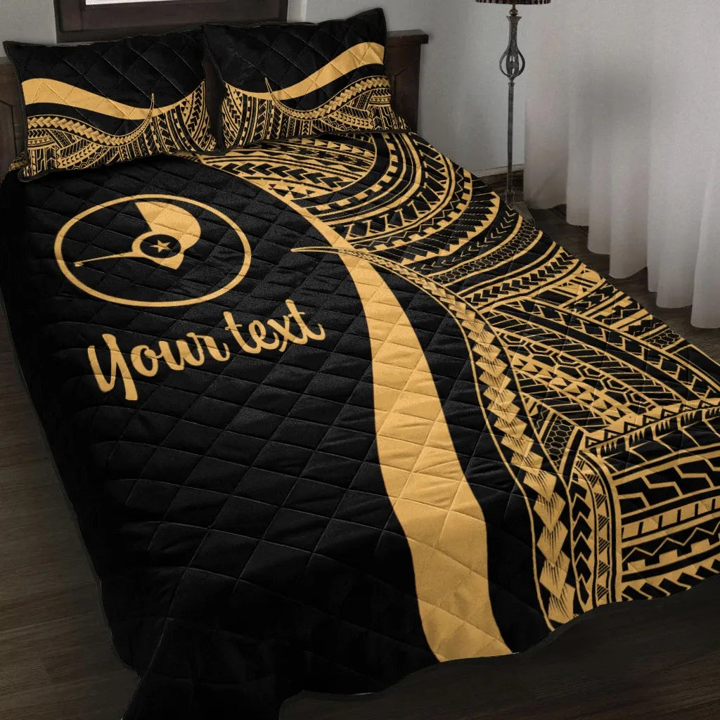Yap Custom Personalised Quilt Bed Set - Gold Polynesian Tentacle Tribal Pattern