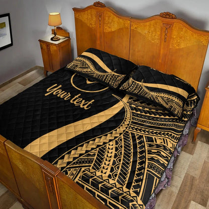 Yap Custom Personalised Quilt Bed Set - Gold Polynesian Tentacle Tribal Pattern