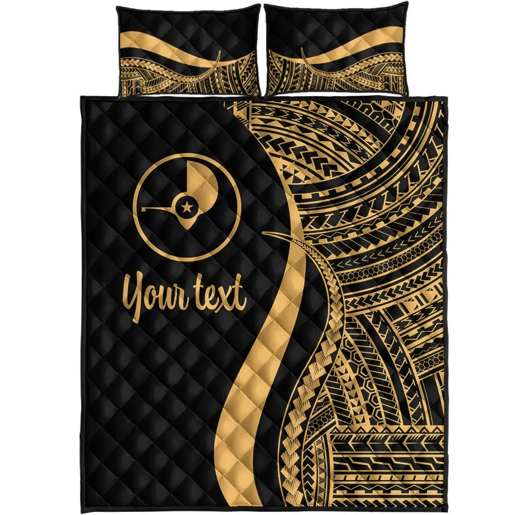 Yap Custom Personalised Quilt Bed Set - Gold Polynesian Tentacle Tribal Pattern