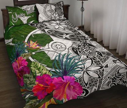 Yap Custom Personalised Quilt Bed Set White - Turtle Plumeria Banana Leaf