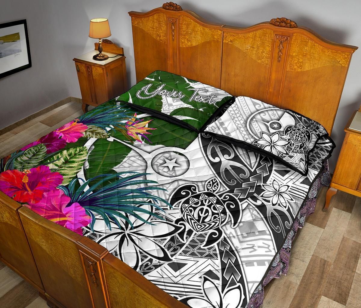 Yap Custom Personalised Quilt Bed Set White - Turtle Plumeria Banana Leaf