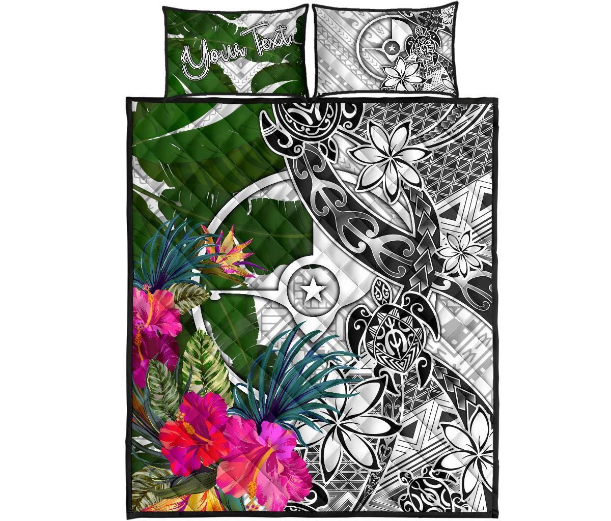 Yap Custom Personalised Quilt Bed Set White - Turtle Plumeria Banana Leaf