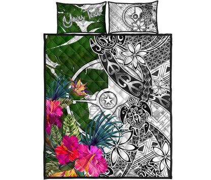 Yap Custom Personalised Quilt Bed Set White - Turtle Plumeria Banana Leaf