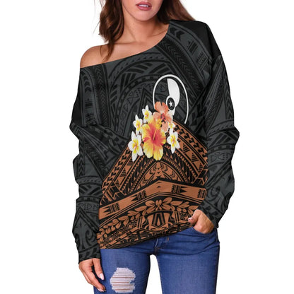 Yap Custom Personalised Women Off Shoulder Sweaters - Tribal Pattern Hibiscus