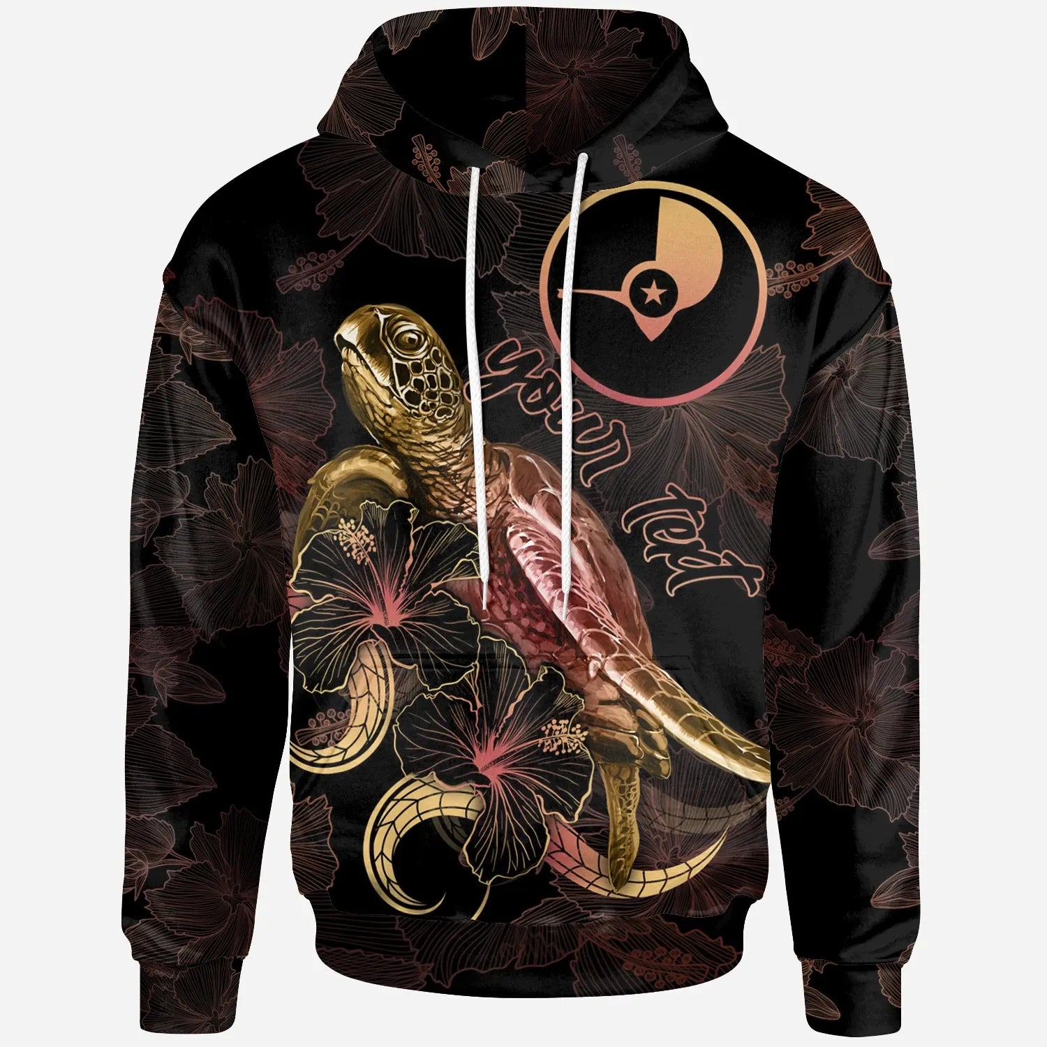 Yap Custom Personalized Polynesian Hoodie - Turtle With Blooming Hibiscus Gold