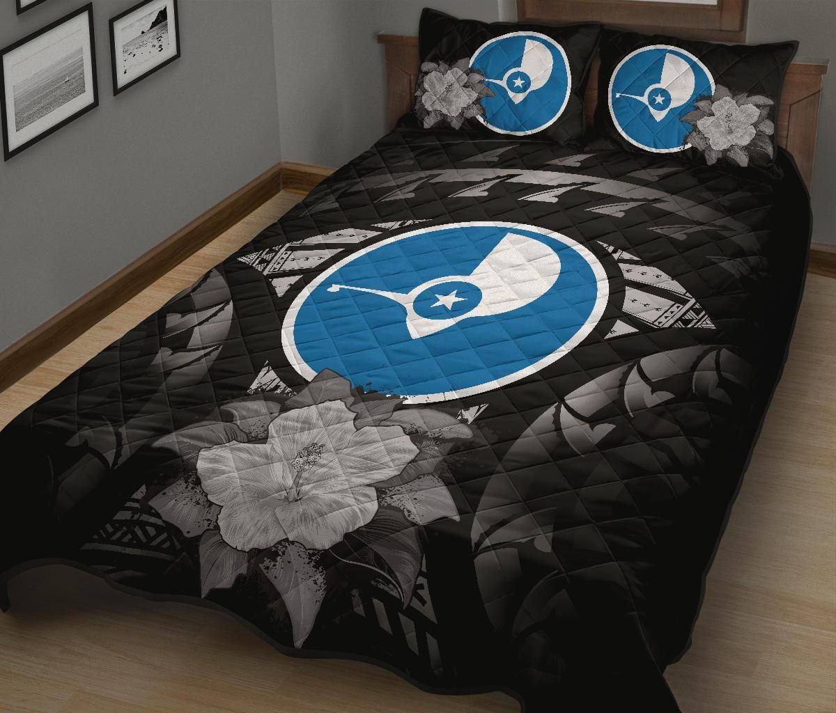Yap Polynesian Quilt Bed Set Hibiscus Gray