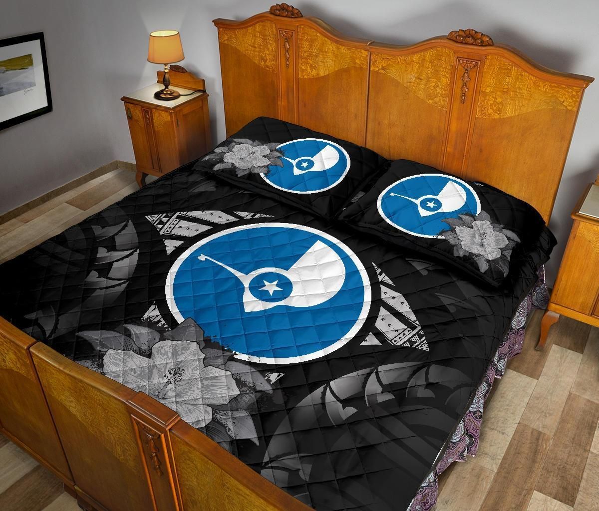 Yap Polynesian Quilt Bed Set Hibiscus Gray
