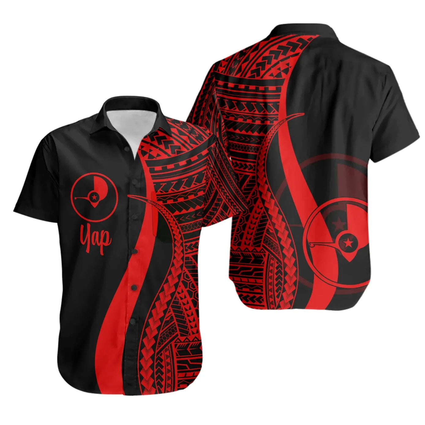 Yap Short Sleeve Shirt - Red Polynesian Tentacle Tribal Pattern