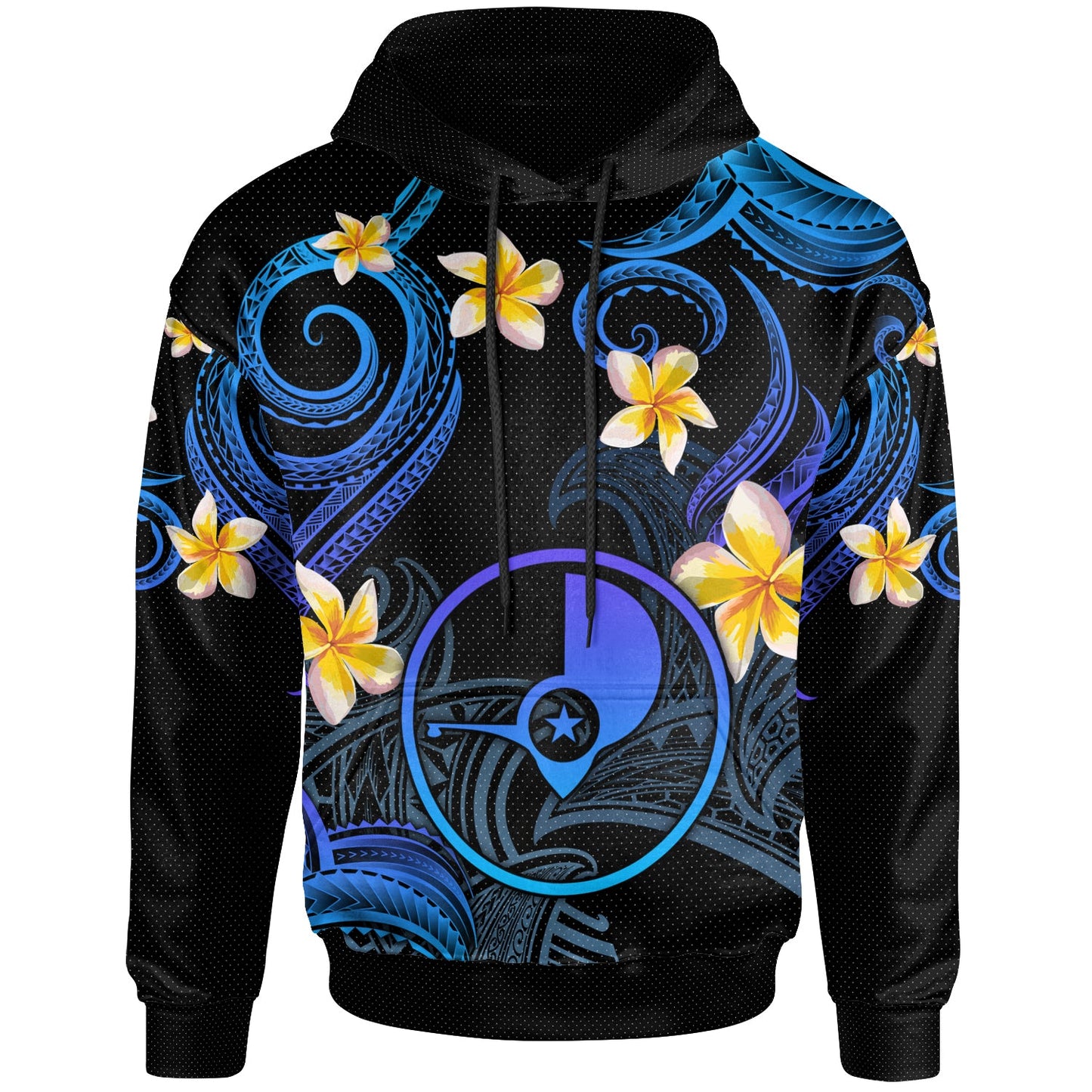 Yap Hoodie - Custom Personalised Polynesian Waves with Plumeria Flowers (Blue)